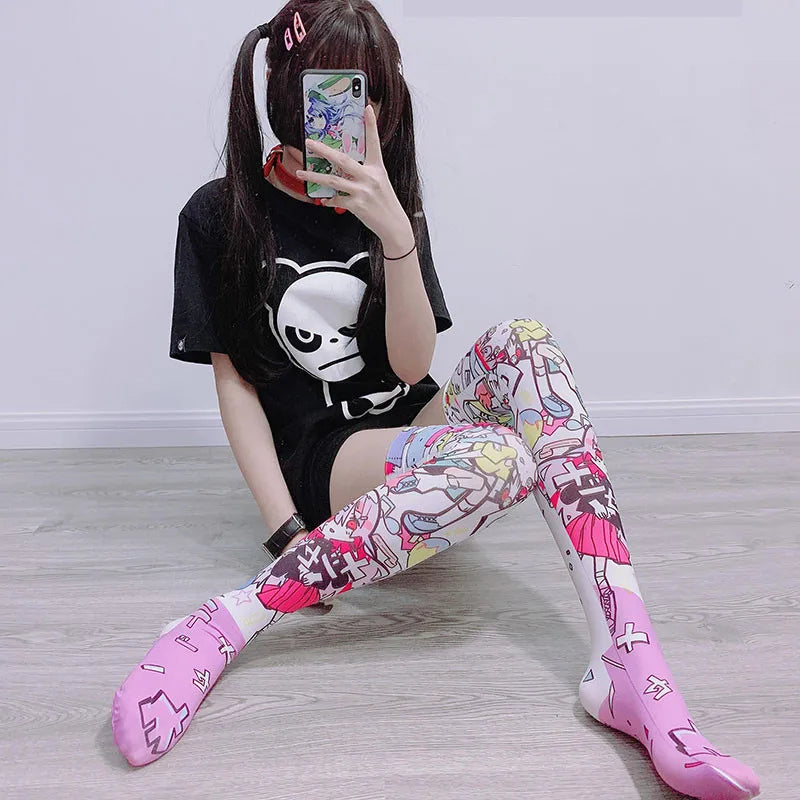 Anime Manga Girls Over Knee Long Stockings Polyester Thin Funny Cartoon Print Japanese Kawaii