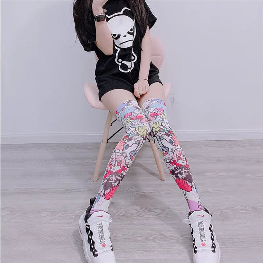 Anime Manga Girls Over Knee Long Stockings Polyester Thin Funny Cartoon Print Japanese Kawaii