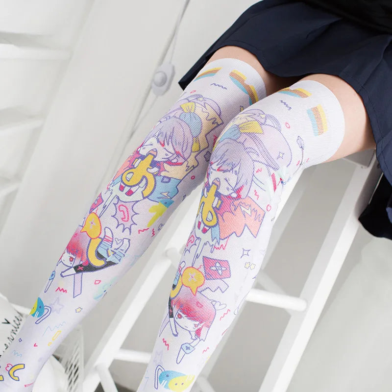 Anime Manga Girls Over Knee Long Stockings Polyester Thin Funny Cartoon Print Japanese Kawaii